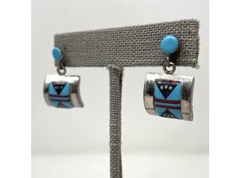 Sterling And Inlaid Turquoise Earrings 5.74g