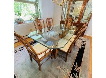 Pristine And Solid Asian Inspired By Thomasville Glass Top Dining Table And Six Very Comfortable Chairs