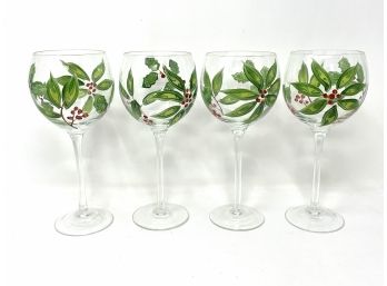 Set Of 4 Holly And Berry Painted Wine Glasses