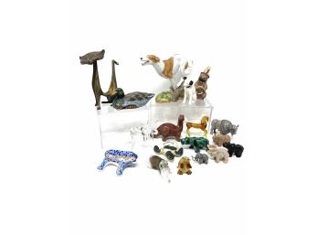 Lot Of 16 Mixed Media Miniature Animal Sculptures Including Mid Century Modern Cat And Handblown Glass
