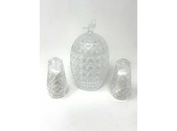 Cut Glass Covered Candy Dish With Bird Accent And Salt And Pepper Shakers