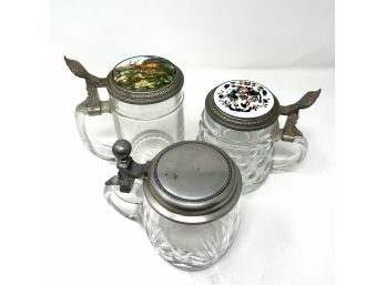 Cut Glass Beer Steins, Two With Painted Porcelain Inlaid On The Tops