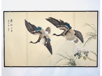 Asian Folding Screen Birds In Flight With Beautifully Detailed Frame