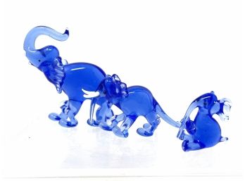 Blue Glass Elephant Family