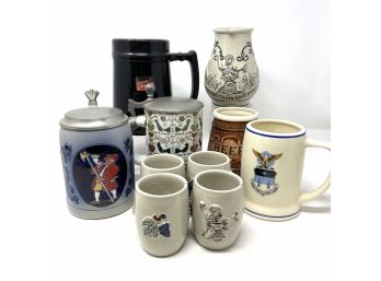 Pottery Mug Lot Including A Set With A Small Pitcher And 4 Matching Cups