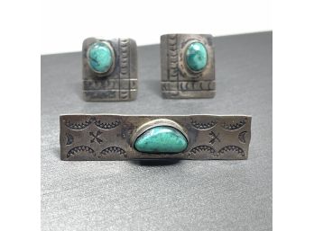 Turquoise Tie Bar And Cuff Link Set Signed EK