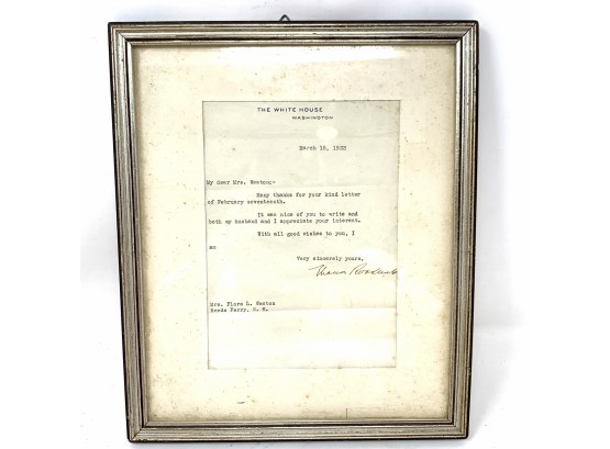 Framed 1933 Letter From Eleanor Roosevelt SIGNED- No COA