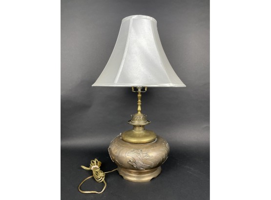 Antique Bronze Japanese Oil Lamp Electrified Meiji Period Dragon Detail
