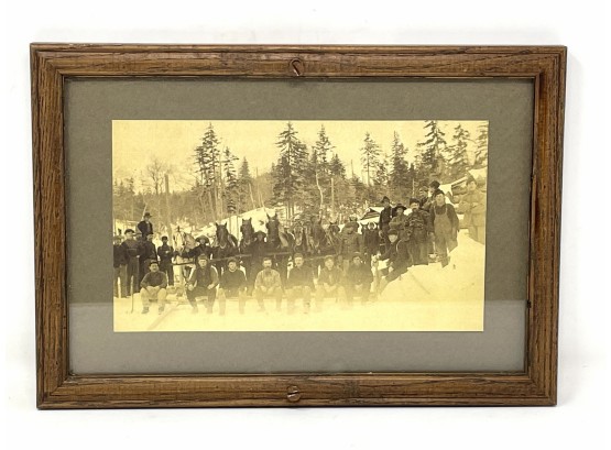 Framed Photo Of Hunting Group With Horses And Cabin