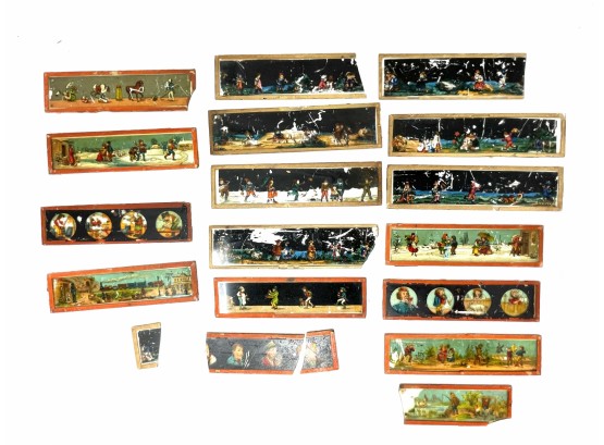 Large Collection Of Antique Magic Lantern Glass Hand Painted Slides - As Pictured