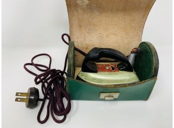 VTG Mini Travel Clothes Iron By Clem - Made In England W/Leather Case