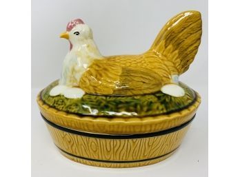 RARE Vtg Large Colorful Hen On Nest Dish With Lid 8 Long Germany Zell Schale