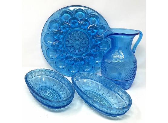 Antique Blue Cut Glass Includes Elaborate Egg Dish By Wershar
