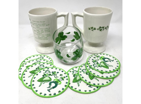 Irish Kitchen Lot Including Rond Bottom Glass And Vintage Coasters