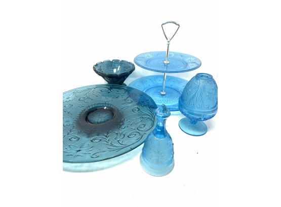Five Piece Blue Glass Lot Including Beautiful Fairy Lamp !