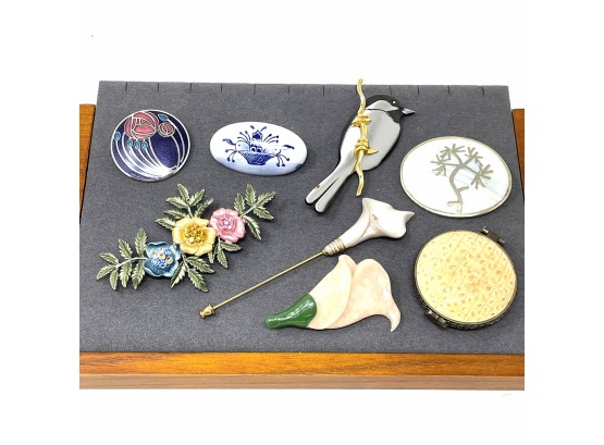 Collection Of 7 Vintage Brooches And 1 Delicate Pill Box