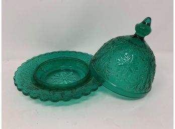 Green Glass Covered Dish