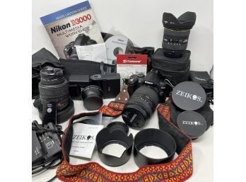 Large Nikon D3000 Lot With Multiple Lenses, Flash And Other Accessories