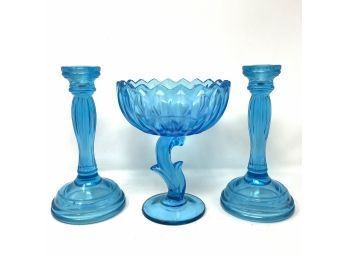 Antique Blue Glass Candlesticks And Compote