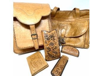 Collection Of Tooled And Smooth Leather Handbags And Accessories
