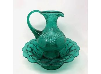 Green Glass Pitcher And Bowl
