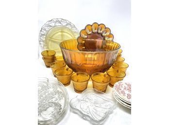 Large Glassware Lot Including Amber Punch Bowl Set