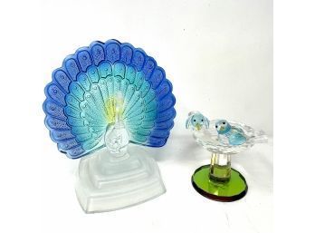 Bird Themed Glass Lot With Peacock & Birdbath