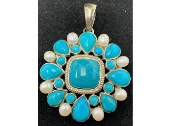 Beautiful Large Sterling Silver And Turquoise Pendant