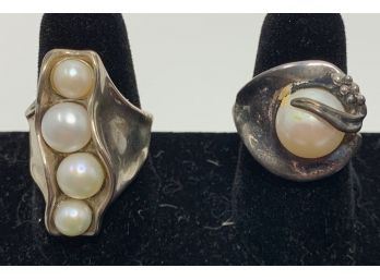 Lot Of (2) Sterling Silver And Pearl Rings