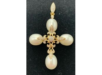 Beautiful 14K Gold And Pearls Cross Pendant