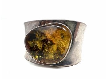 Sterling And Amber Cuff Bracelet - Unsigned - Marked Sterling (61.81 Grams)