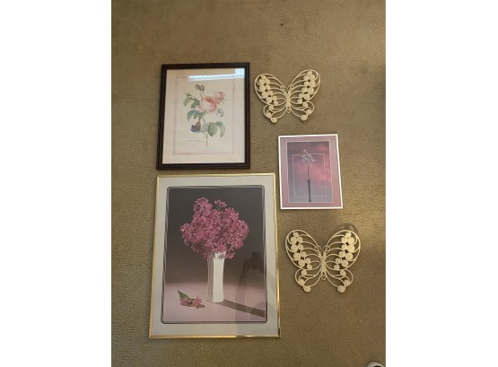 Lot Of Vintage Home Decor With Framed Floral Prints And Butterfly Theme