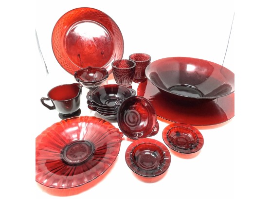 Large Ruby Glass Collection In Various Patterns And Styles - See Description