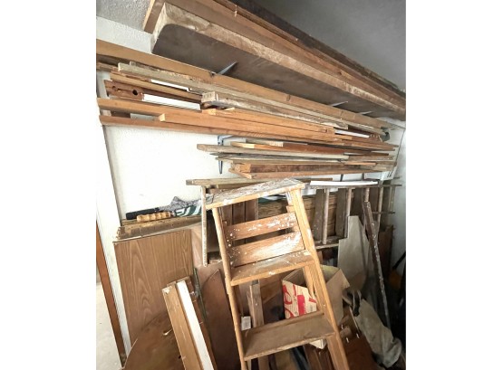 Large Lot Of Scrap Wood With 2 Wooden Ladders - See Description For Details