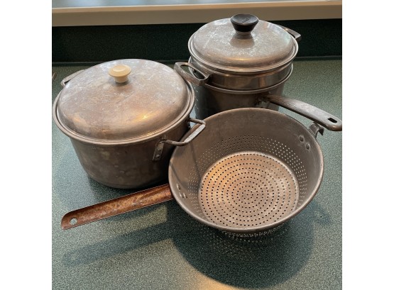 Vintage Aluminum Kitchenware Lot Including A Mirro Double Boiler