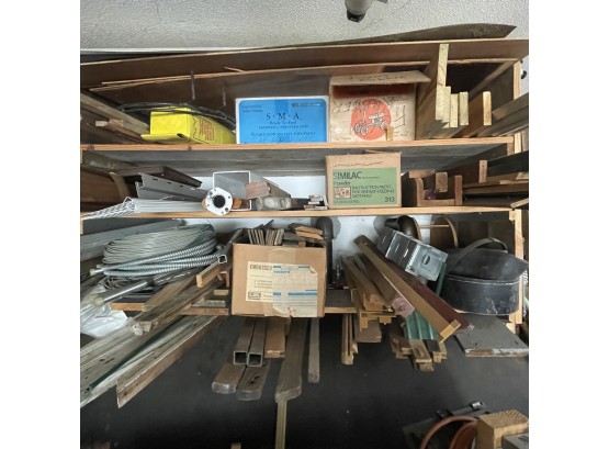Contents Of Garage Shelves With Scrap Wood And Aluminum - See Description For Details