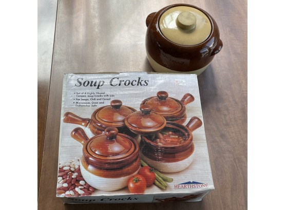 Vintage Bean Pot With New In Box Soup Crocks