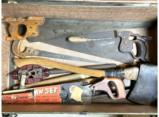 Collection Of Antique Tools As Pictured Including H. Dission & Sons Of Philadelphia Saw