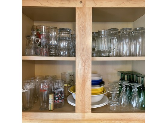 Large Misc. Glassware Lot Including Coca Cola Glasses & Bonus Sturdy Plastic Plates And Bowls