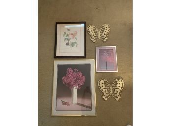 Lot Of Vintage Home Decor With Framed Floral Prints And Butterfly Theme