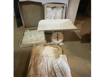 Beautiful Baby Lot With Vintage Baby Scale And Three Lovely Vintage Christening Outfits