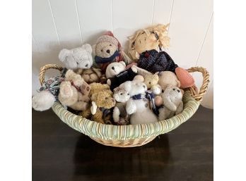 Collection Of Vintage Bears And Stuffed Animals With Basket