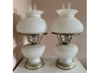 Hobnail Milk Glass Shade Table Lamps - As Is - Damaged Shade As Pictured