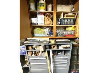 Metal Cabinet In Workroom With Contents As Pictured - See Description For Details