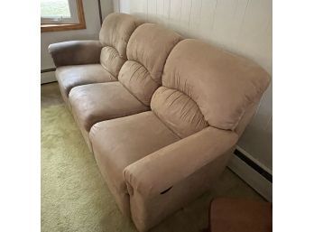 Double Recliner Sofa In Tan Microfiber - Some Marks On Left Hand Side - See Photos