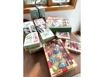 Collection Of Vintage Christmas Ornaments, Lights And Electric Candles Including Shiny Brights