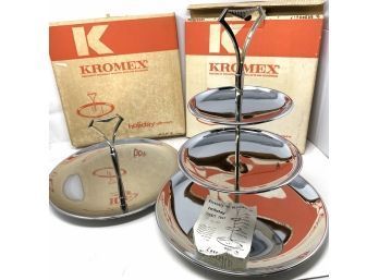 Pair Of Vintage Mid Century Modern Kromex Multi Tiered Stands, New With Boxes