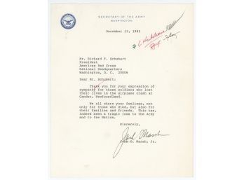 1985 Sympathy Letter From Secretary Of The Army - John O. Marsh Jr.