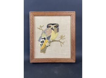Vintage Framed Embroidery Of Owl On Branch