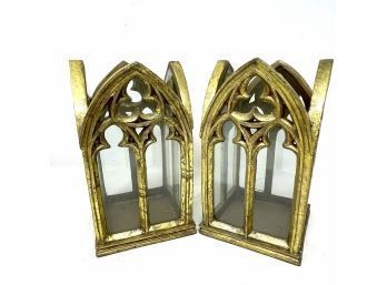 Pair Of Decorative Candle Holders - As Is - Note Glass Is Cracked On Two Panels As Pictured